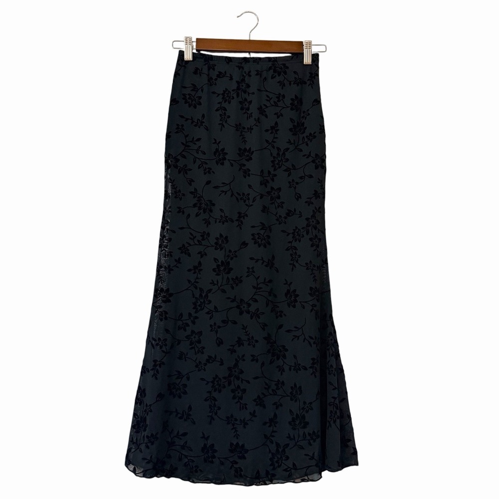 SHEIN Women's XS Black Floral Mesh Maxi Skirt Sheer Overlay Mermaid Goth Boho